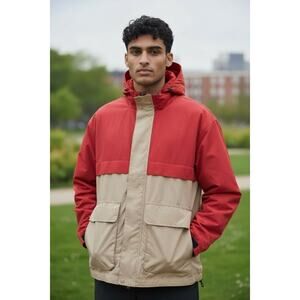 Wallace & Barnes J Crew Hooded Jacket Mens Size XL Tan Red Colorblock #BS487